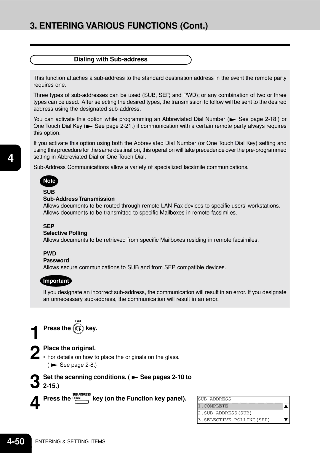 Toshiba GD-1060 manual Dialing with Sub-address, Sub-Address Transmission, Selective Polling, Password 