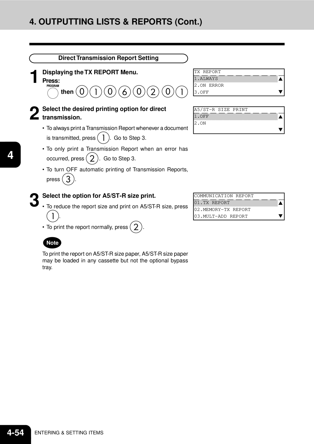 Toshiba GD-1060 manual Outputting Lists & Reports, Select the option for A5/ST-R size print 