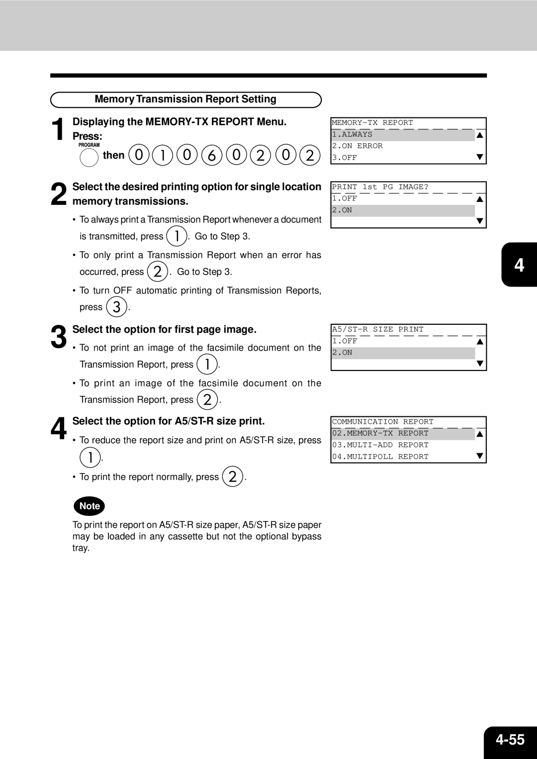 Toshiba GD-1060 manual Select the option for first page image, To not print an image of the facsimile document on 