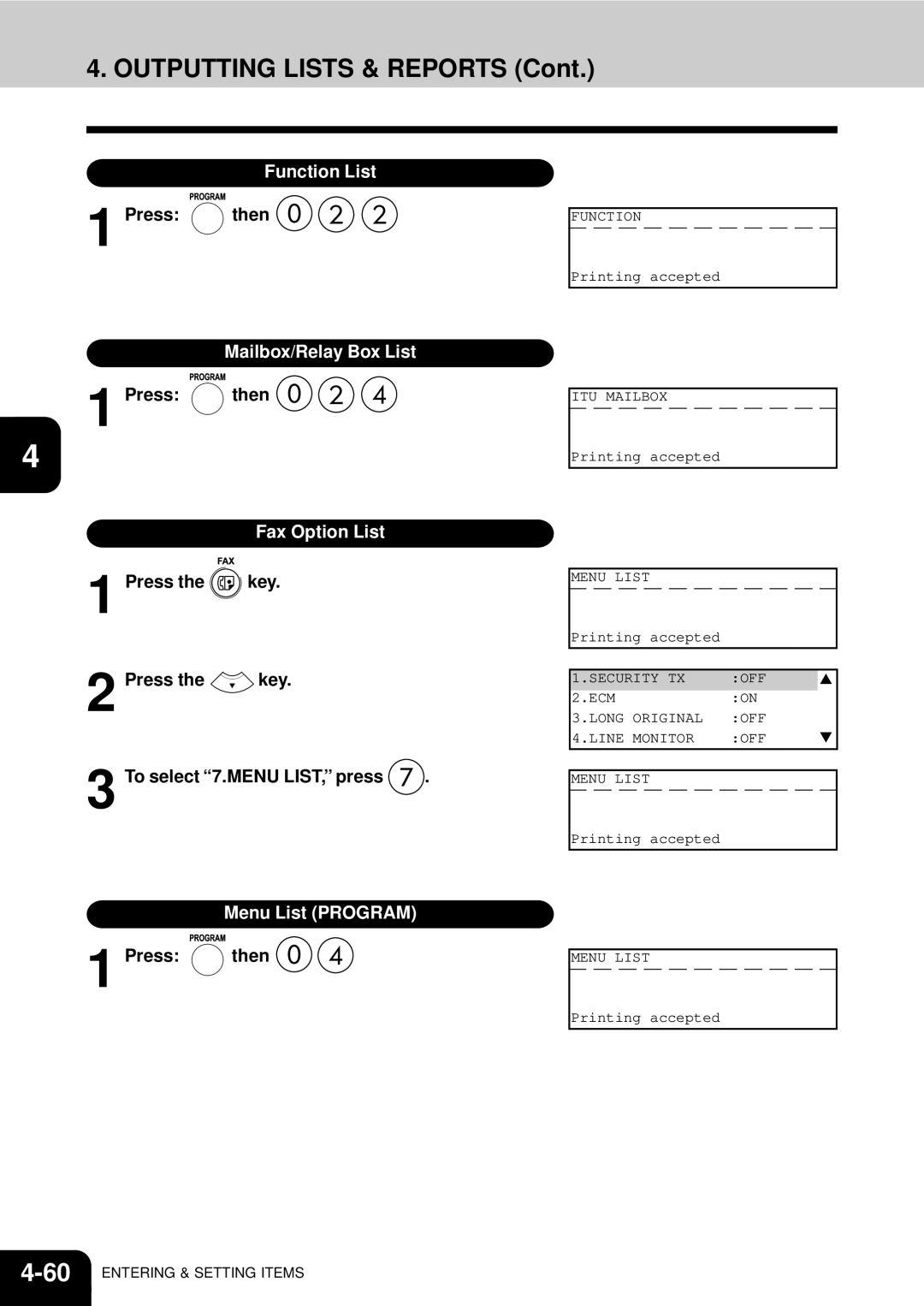 Toshiba GD-1060 manual Function List, Mailbox/Relay Box List, Fax Option List, Press the key To select 7.MENU LIST, press 