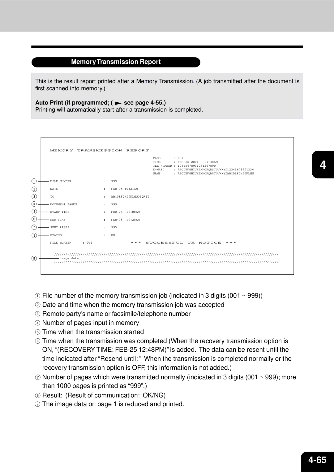 Toshiba GD-1060 manual Memory Transmission Report 