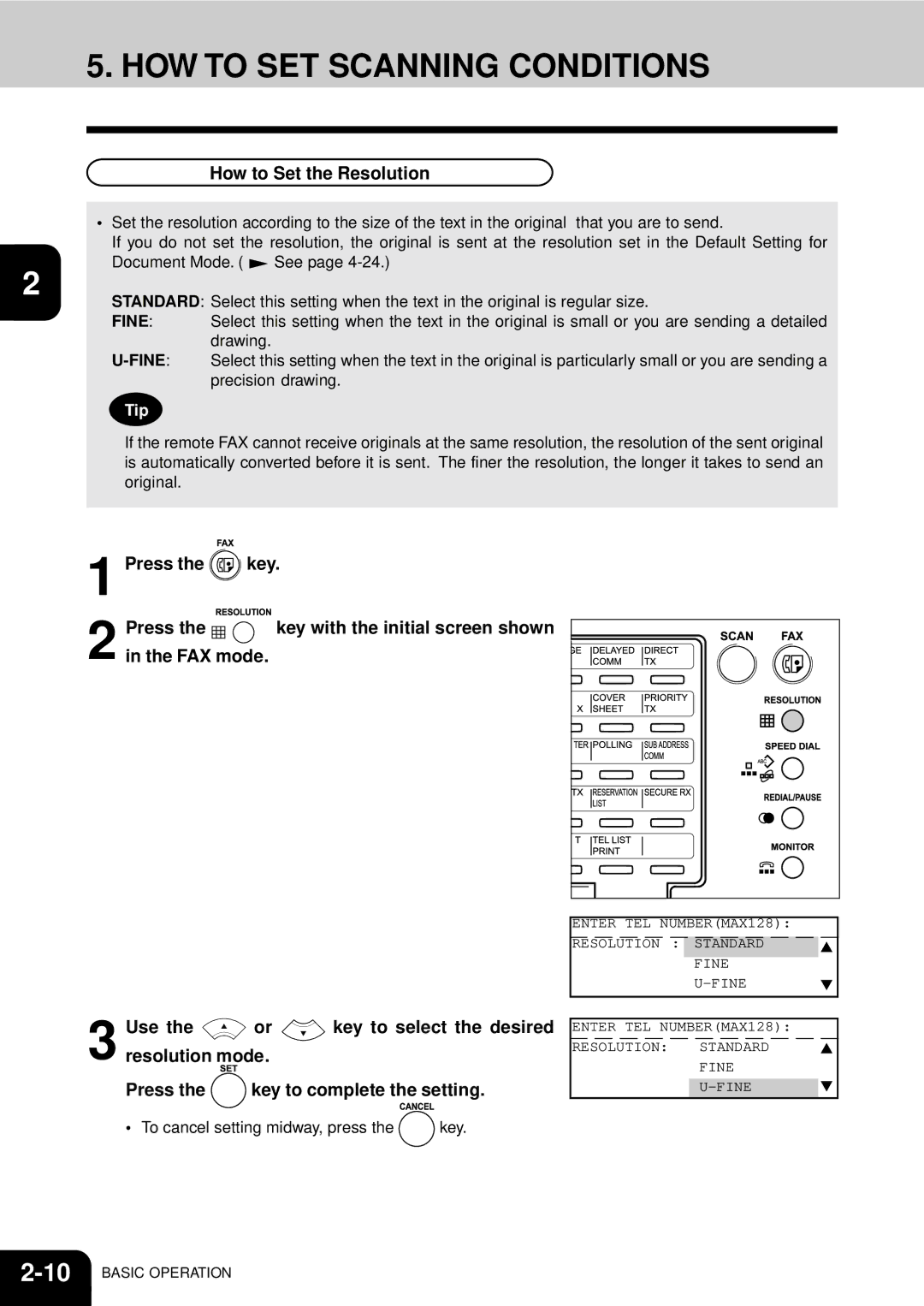 Toshiba GD-1060 HOW to SET Scanning Conditions, How to Set the Resolution, Press Key, Key with the initial screen shown 