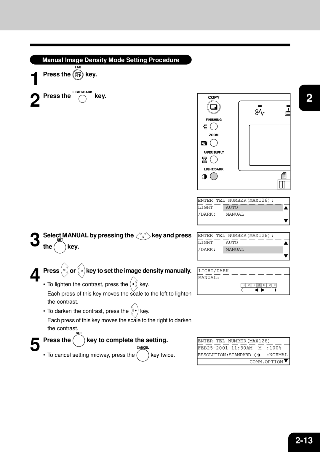 Toshiba GD-1060 manual Manual Image Density Mode Setting Procedure, Press the key, Press Key to complete the setting 