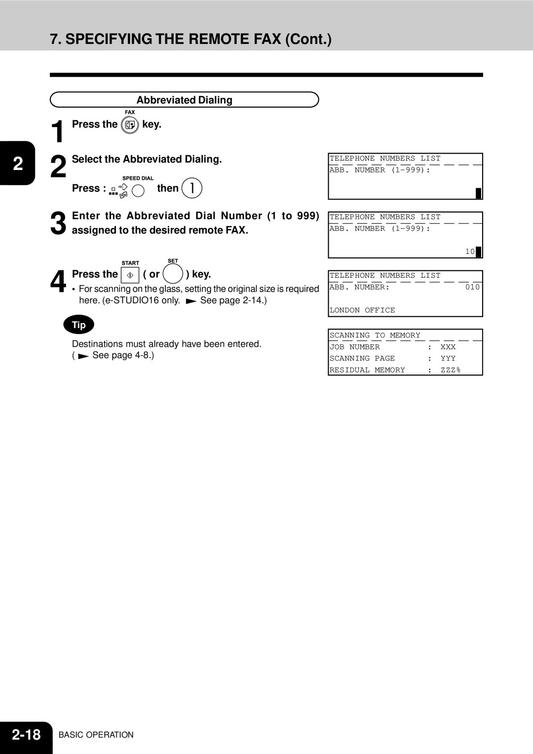 Toshiba GD-1060 manual Specifying the Remote FAX, Here. e-STUDIO16 only See, Destinations must already have been entered 