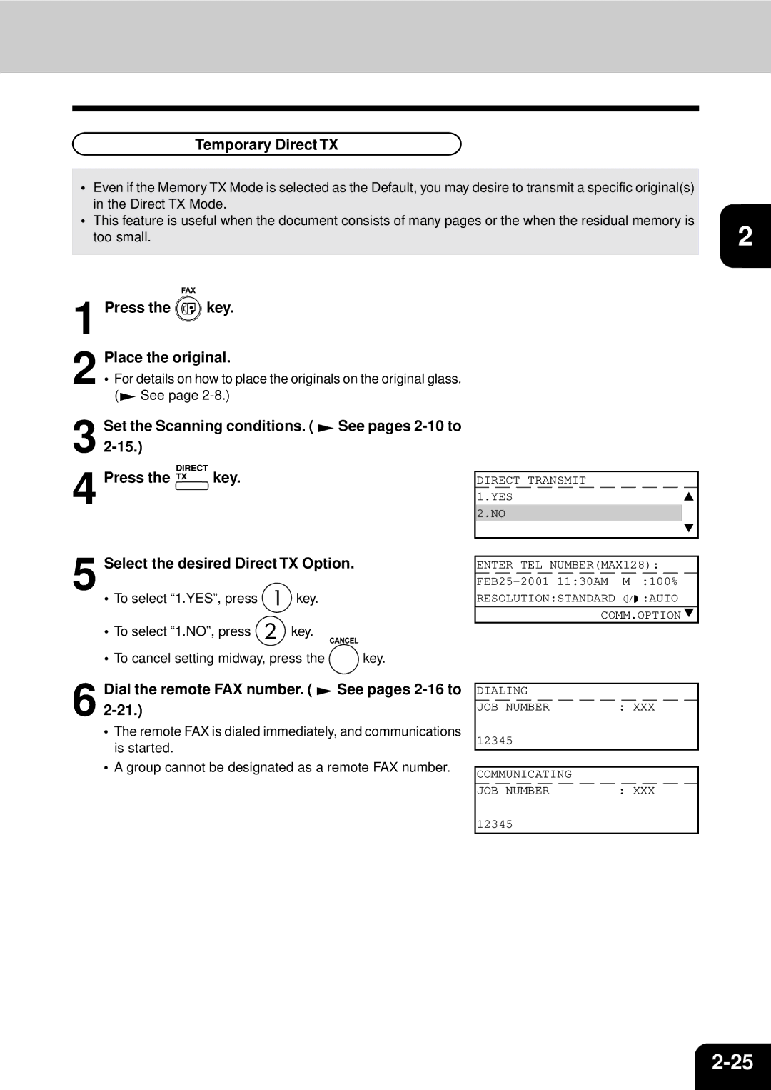 Toshiba GD-1060 manual Temporary Direct TX, Set the Scanning conditions. See pages 2-10 to, To select 1.YES, press 