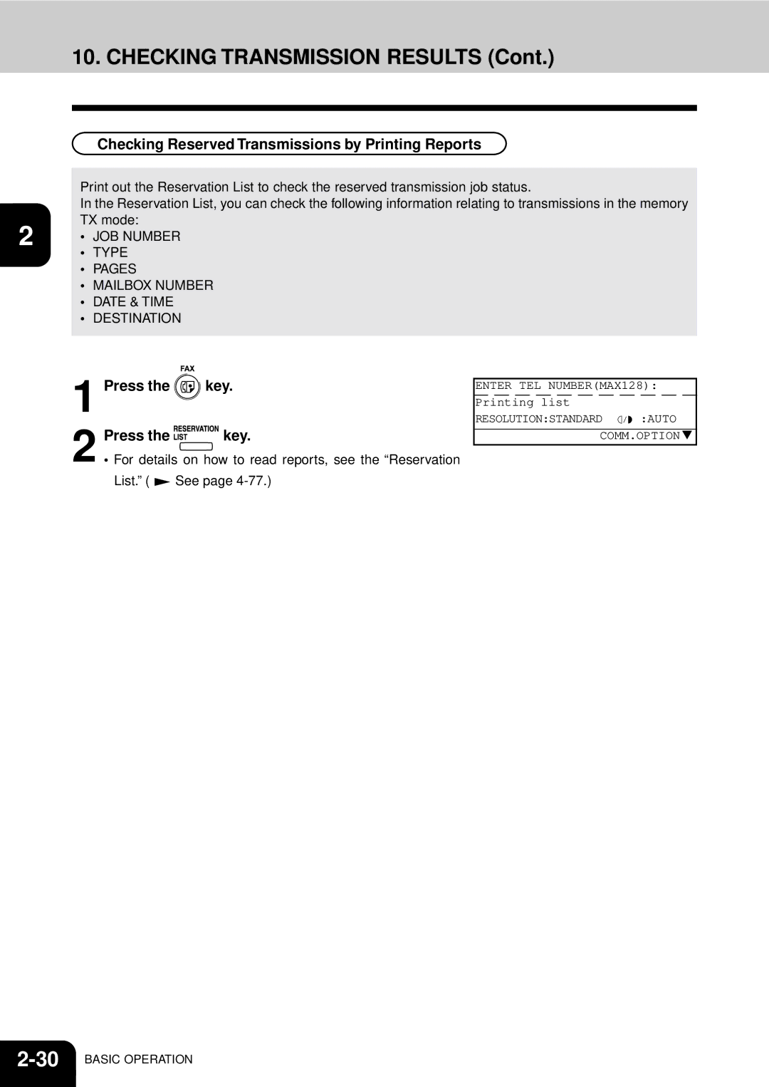 Toshiba GD-1060 manual Checking Transmission Results, Checking Reserved Transmissions by Printing Reports, TX mode 