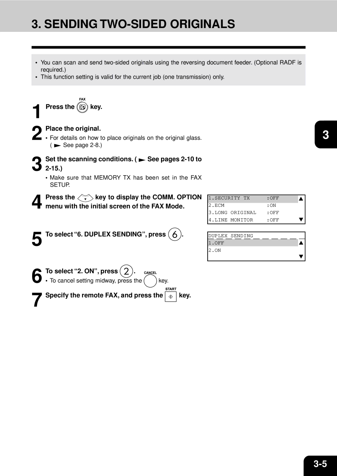 Toshiba GD-1060 manual Sending TWO-SIDED Originals, To select 6. Duplex SENDING, press To select 2. ON, press 