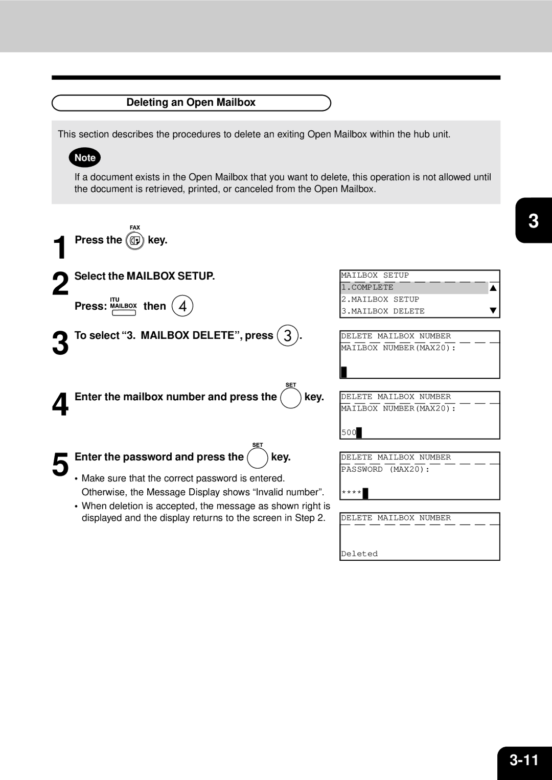 Toshiba GD-1060 manual Deleting an Open Mailbox, Select the Mailbox Setup, Make sure that the correct password is entered 