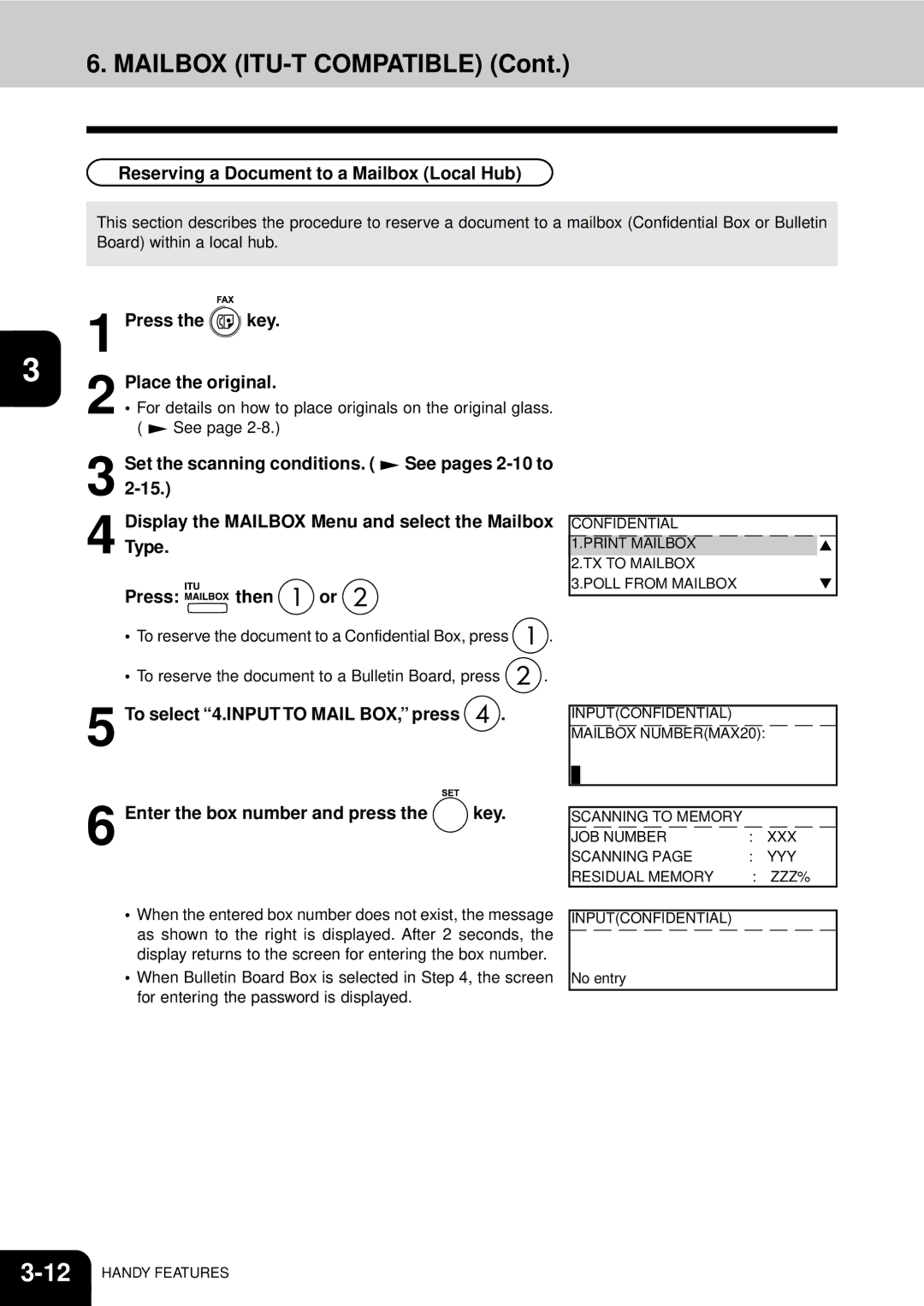 Toshiba GD-1060 manual Reserving a Document to a Mailbox Local Hub, To reserve the document to a Bulletin Board, press 