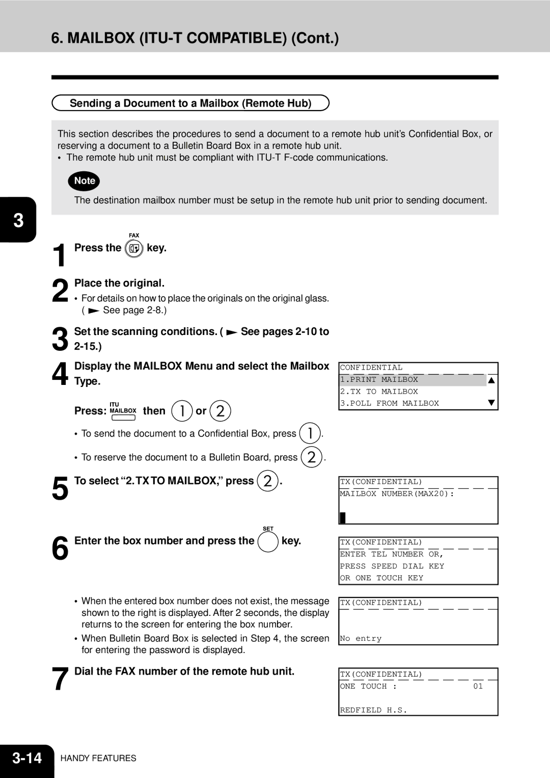 Toshiba GD-1060 manual Sending a Document to a Mailbox Remote Hub, Dial the FAX number of the remote hub unit 