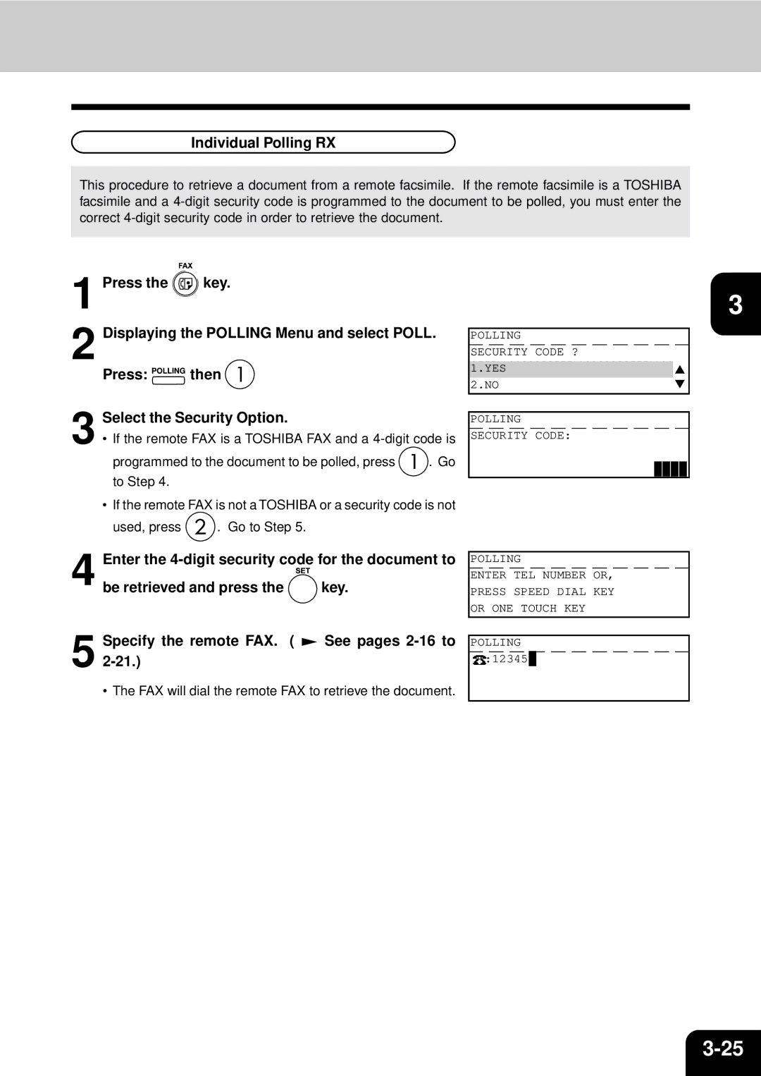 Toshiba GD-1060 manual Individual Polling RX, Specify the remote FAX. See pages 2-16 to 