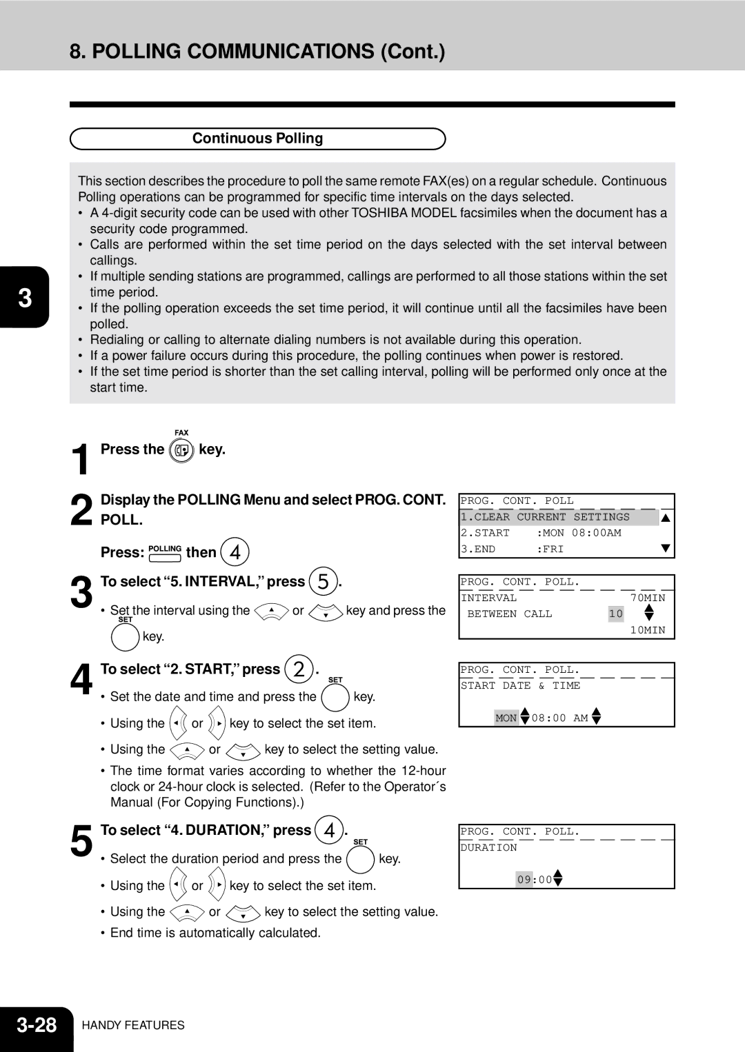 Toshiba GD-1060 manual Continuous Polling, Press Then To select 5. INTERVAL, press, To select 2. START, press 