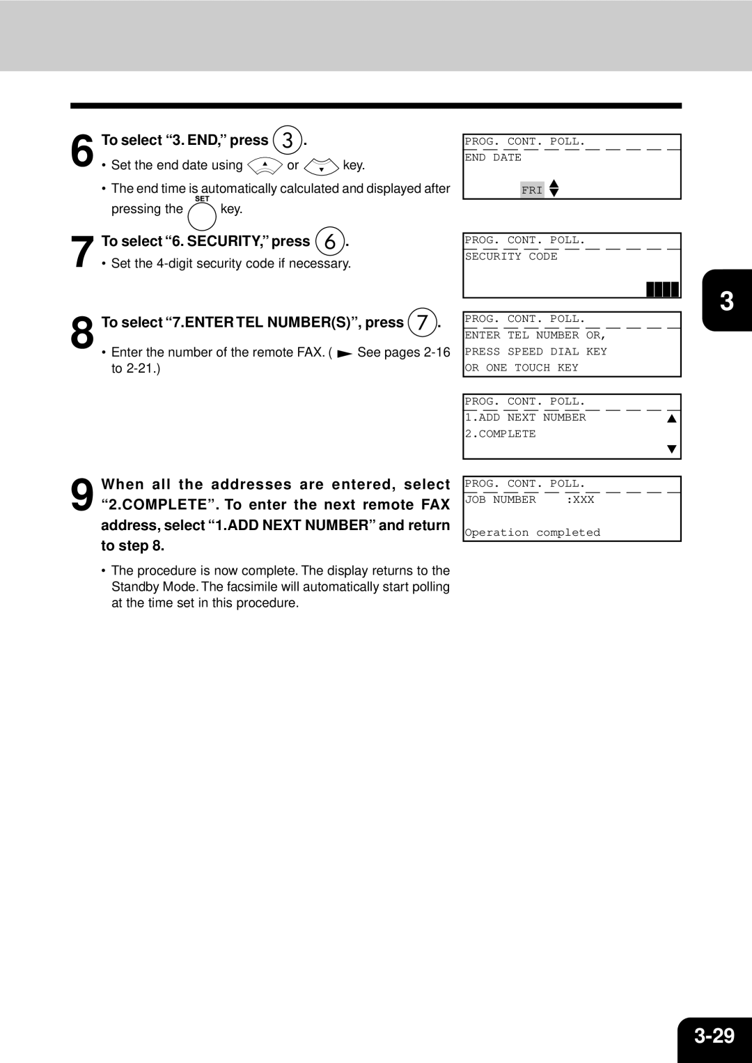 Toshiba GD-1060 manual To select 3. END, press, To select 6. SECURITY, press, To select 7.ENTER TEL NUMBERS, press 