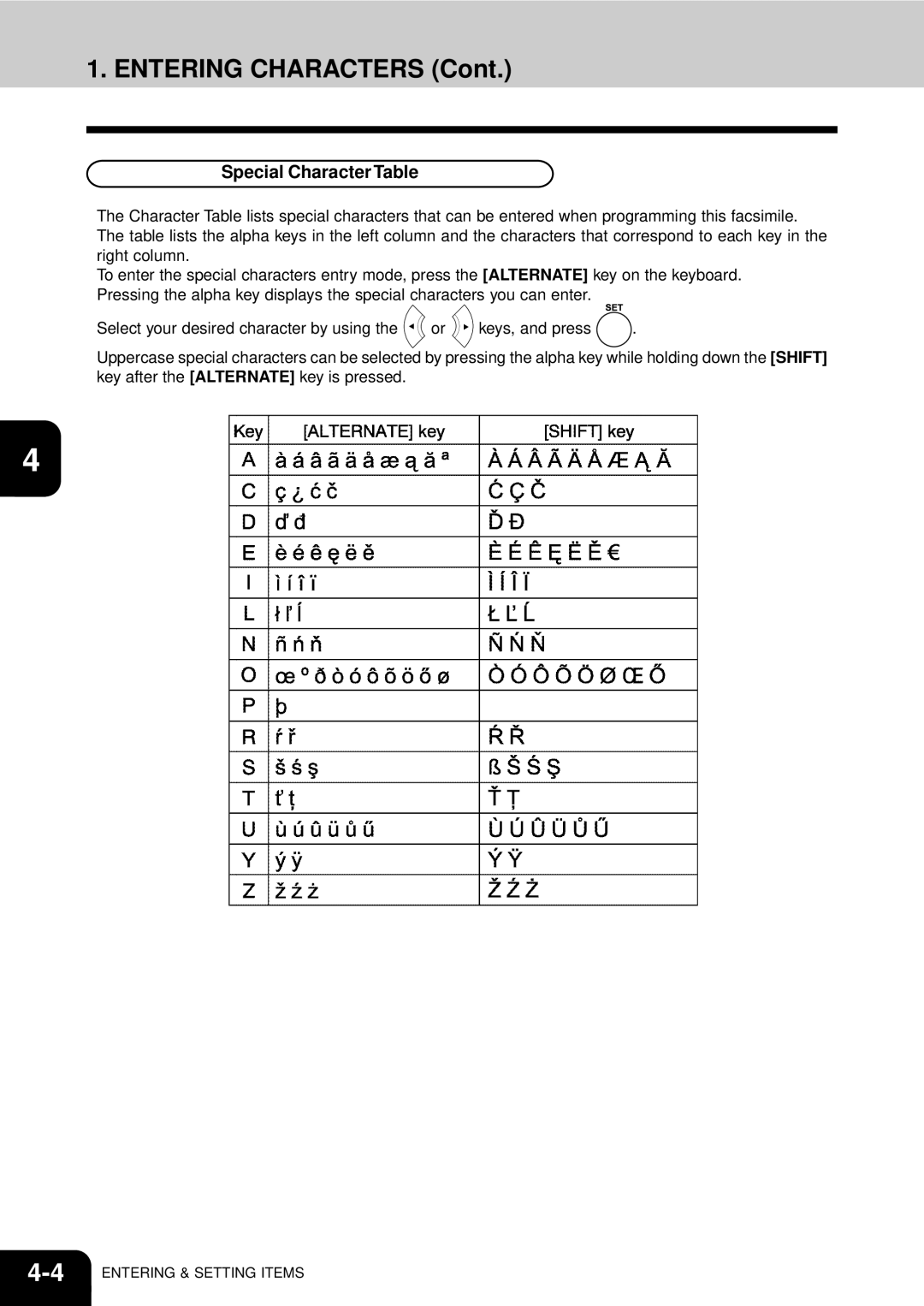 Toshiba GD-1060 manual Entering Characters, Special Character Table 