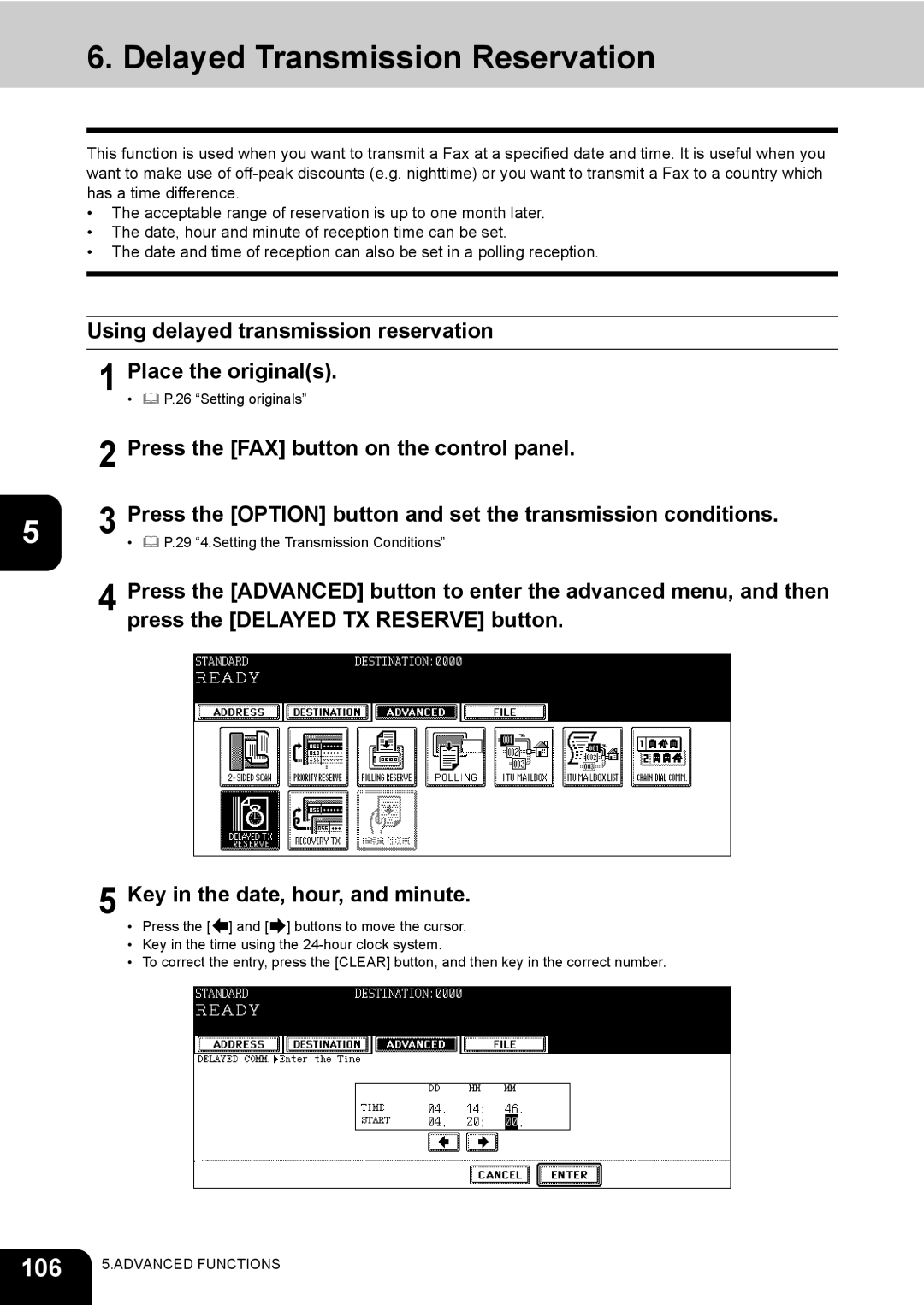 Toshiba GD-1170 manual Delayed Transmission Reservation, 106, Using delayed transmission reservation Place the originals 