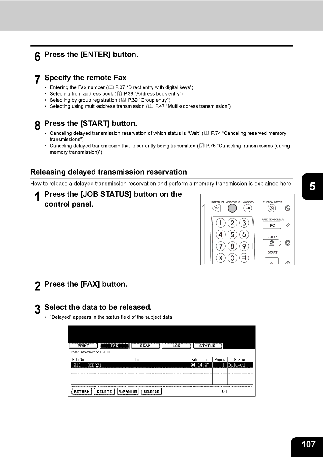 Toshiba GD-1170 manual 107, Releasing delayed transmission reservation 