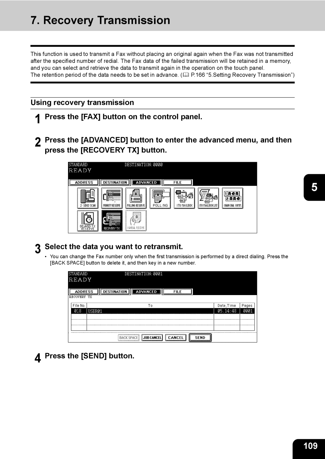 Toshiba GD-1170 manual Recovery Transmission, 109, Press the Send button 