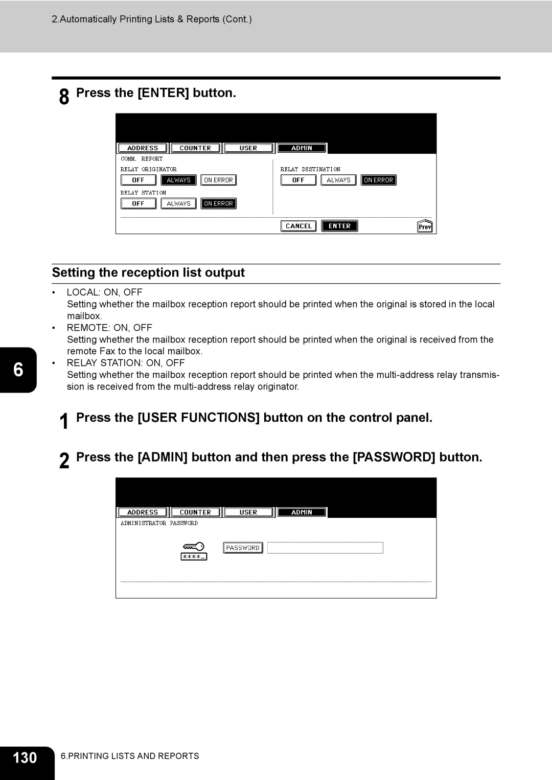 Toshiba GD-1170 manual 130, Press the Enter button Setting the reception list output 