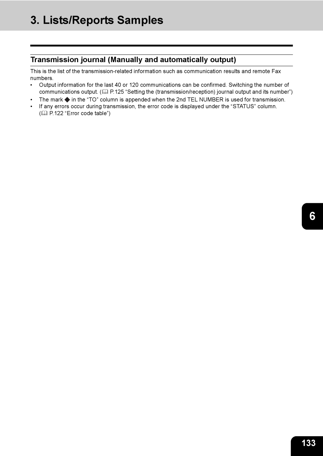 Toshiba GD-1170 manual Lists/Reports Samples, 133, Transmission journal Manually and automatically output 