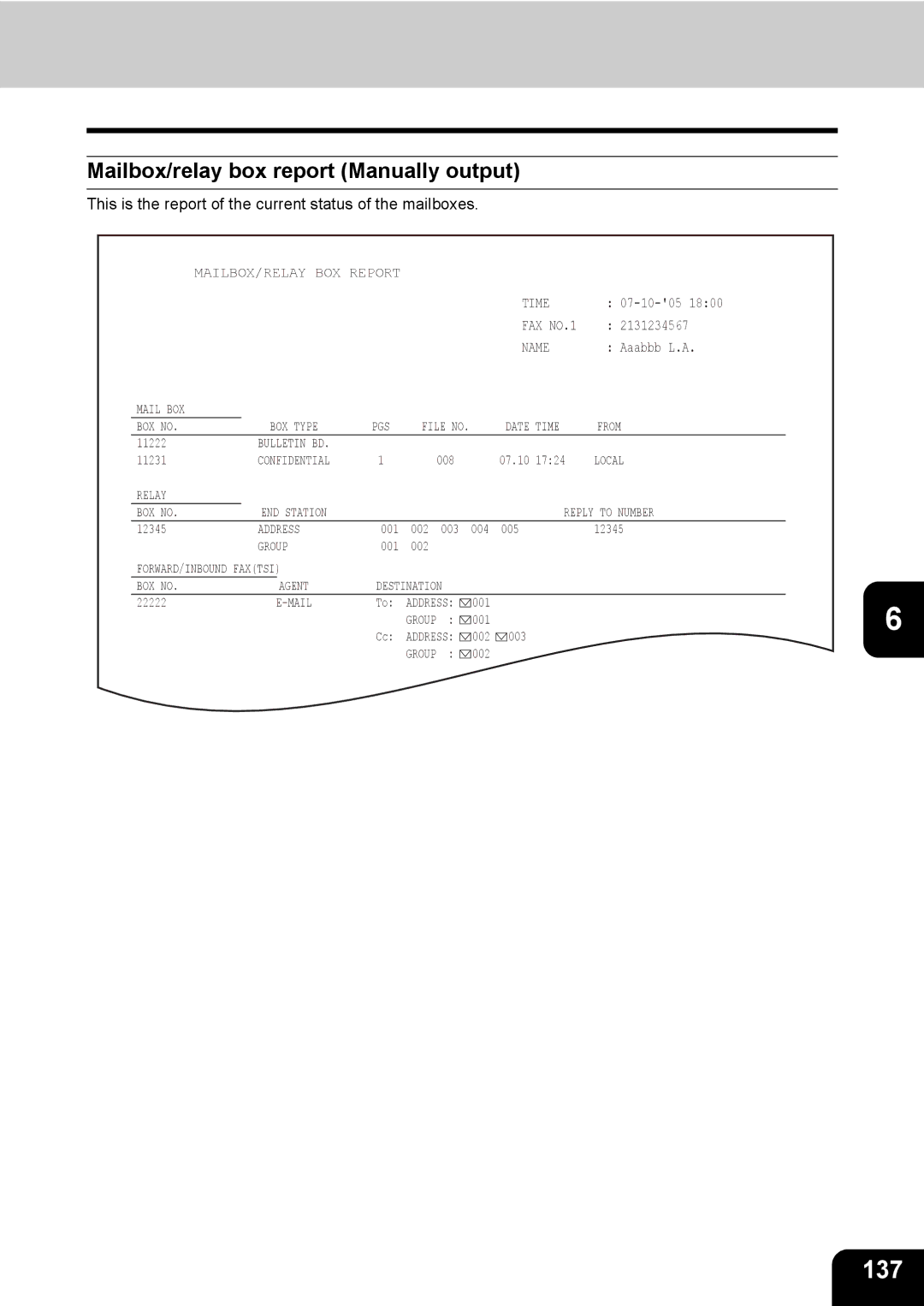 Toshiba GD-1170 manual 137, Mailbox/relay box report Manually output 