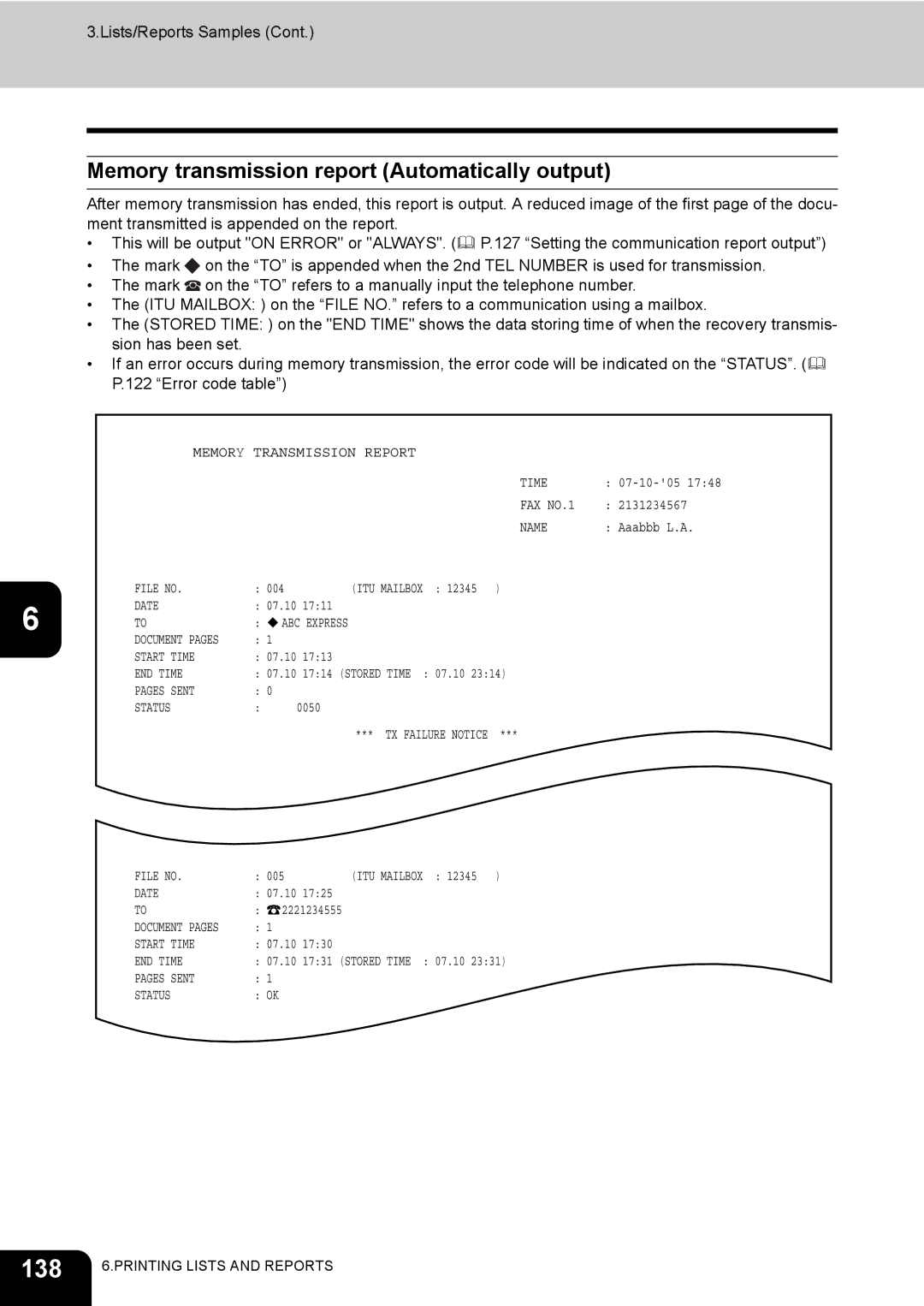 Toshiba GD-1170 manual 138, Memory transmission report Automatically output 