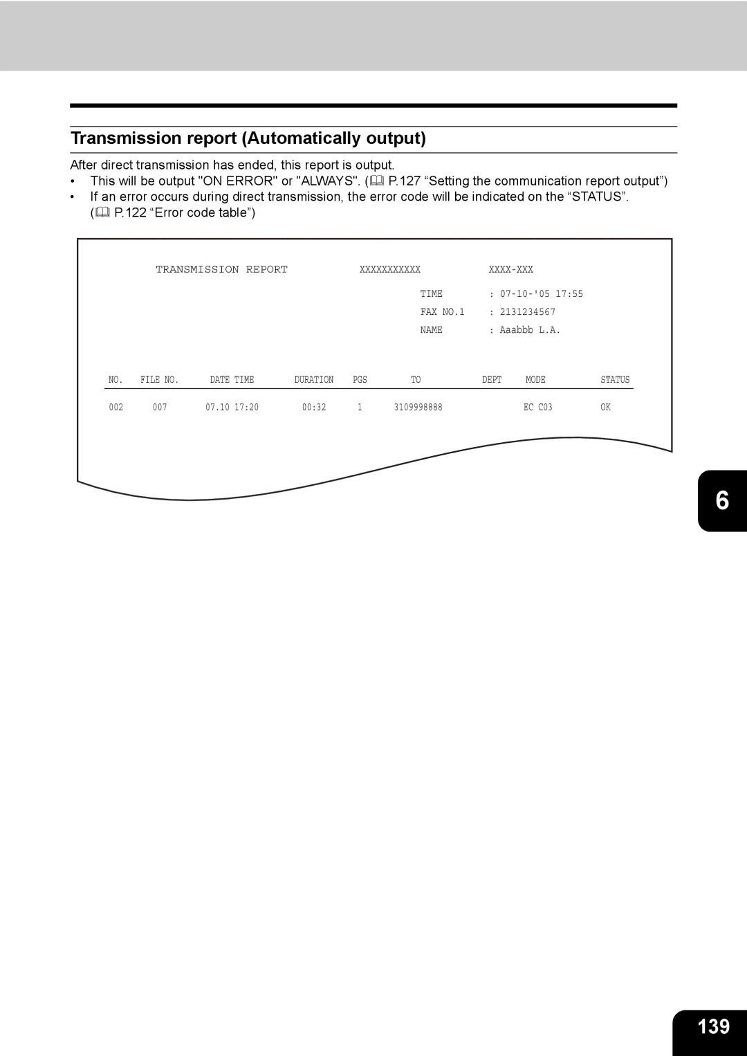 Toshiba GD-1170 manual 139, Transmission report Automatically output 