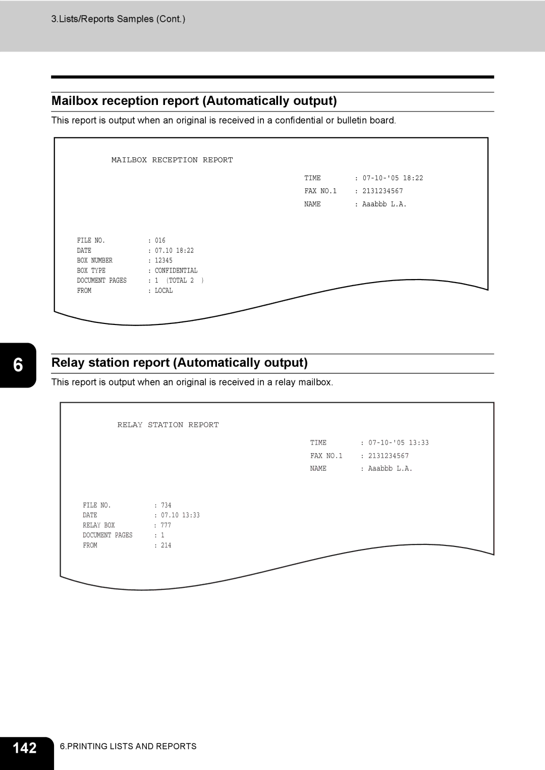 Toshiba GD-1170 manual 142, Mailbox reception report Automatically output, Relay station report Automatically output 