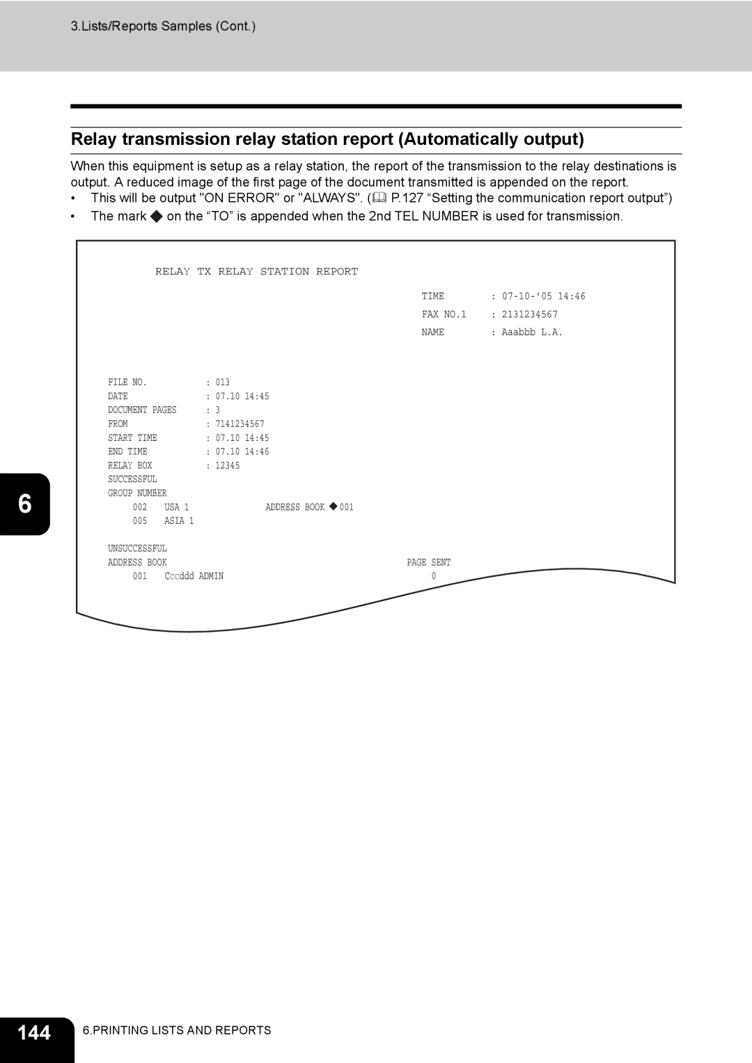 Toshiba GD-1170 manual 144, Relay transmission relay station report Automatically output 