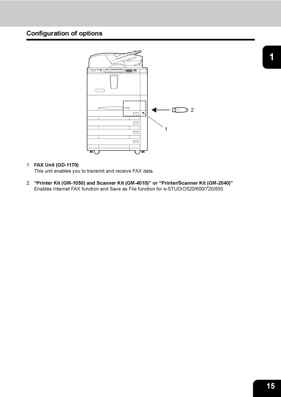 Toshiba manual Configuration of options, FAX Unit GD-1170 