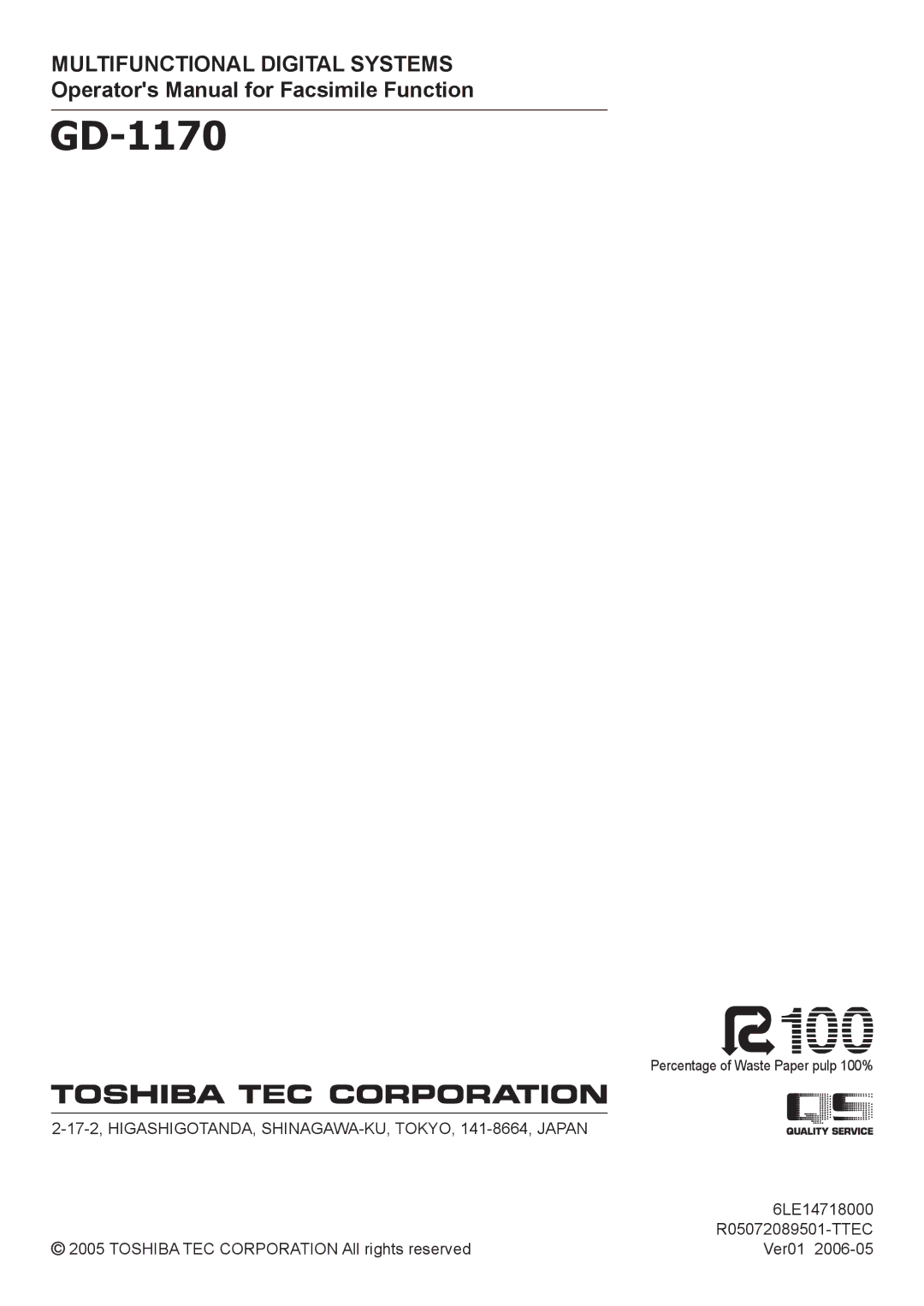 Toshiba GD-1170 manual Operators Manual for Facsimile Function 