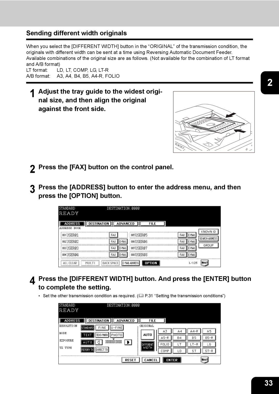 Toshiba GD-1170 manual Sending different width originals 