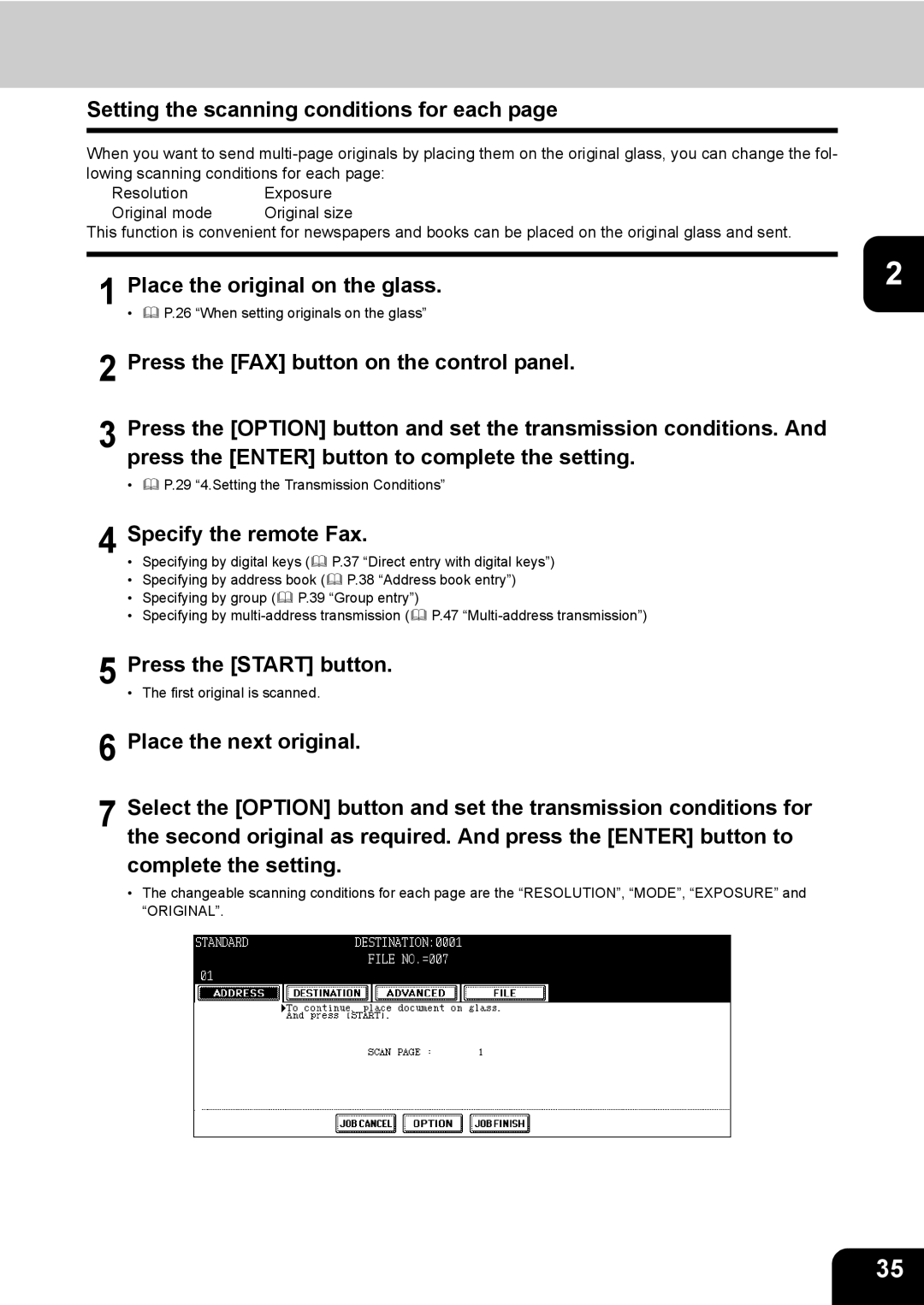 Toshiba GD-1170 manual Setting the scanning conditions for each, Place the original on the glass, Specify the remote Fax 