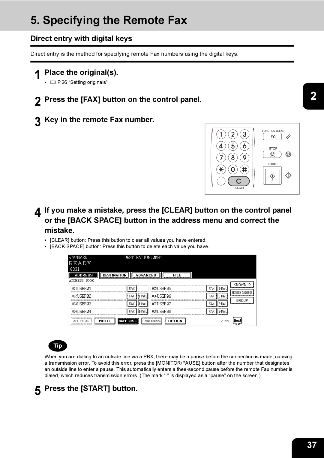 Toshiba GD-1170 manual Specifying the Remote Fax, Direct entry with digital keys 