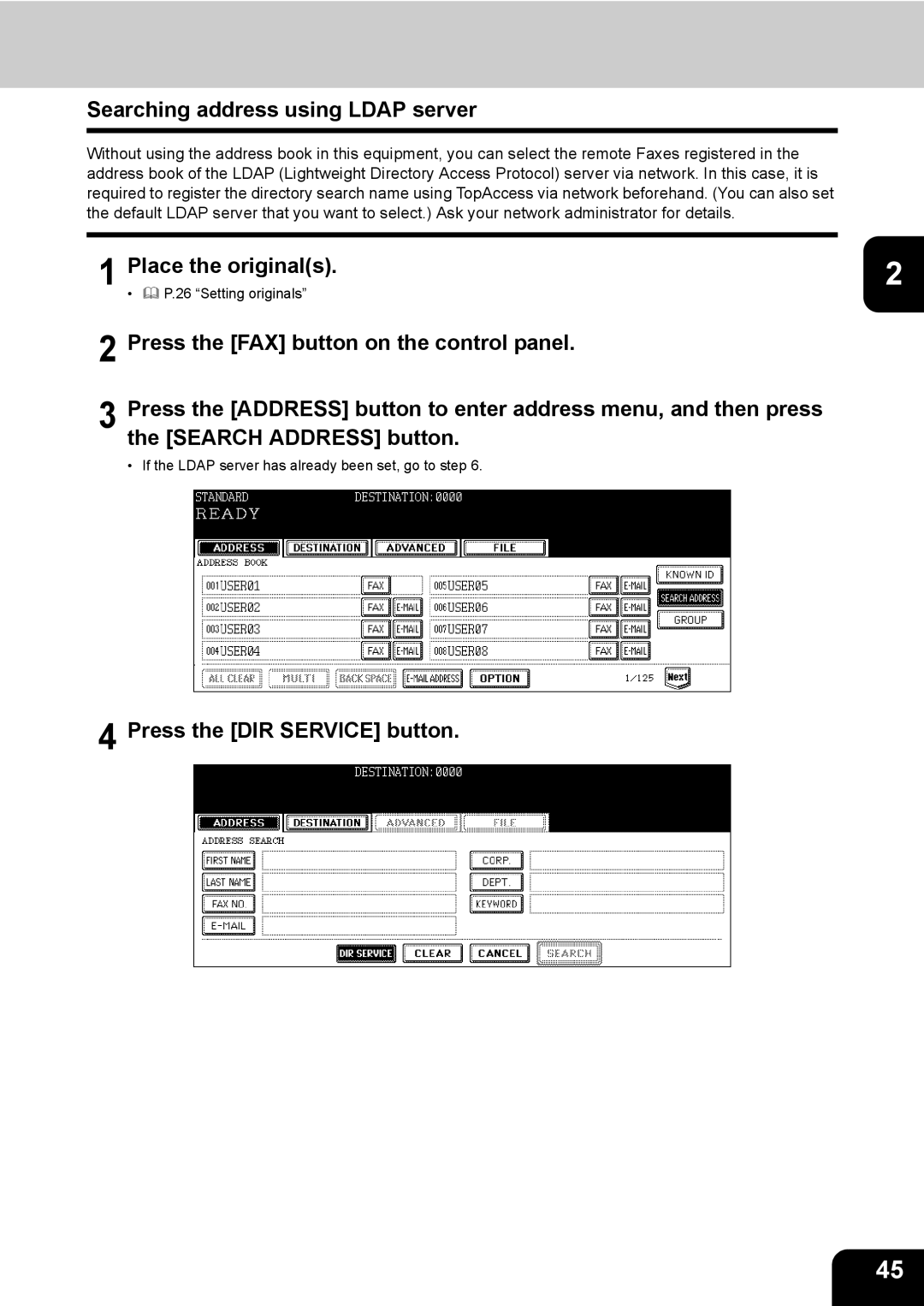 Toshiba GD-1170 manual Searching address using Ldap server, Press the DIR Service button 