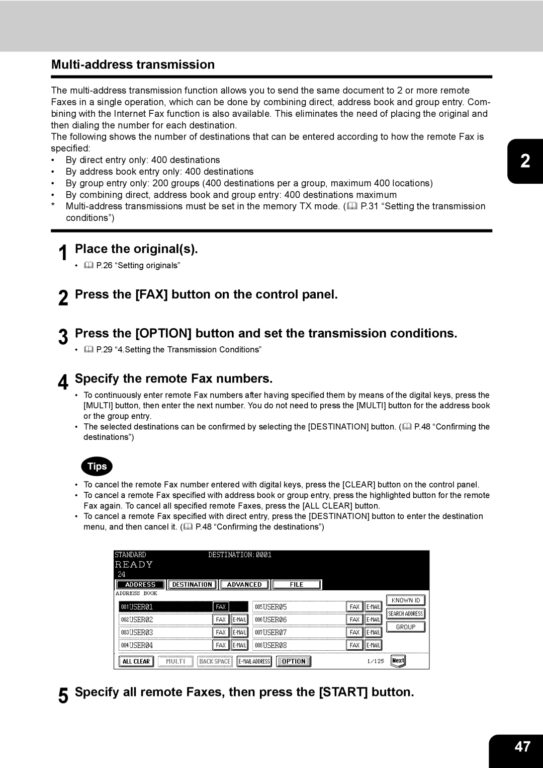 Toshiba GD-1170 manual Multi-address transmission, Specify the remote Fax numbers 