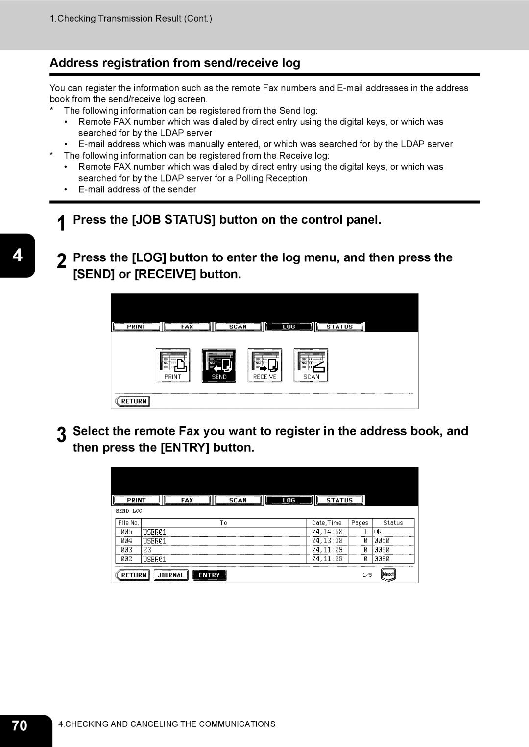 Toshiba GD-1170 manual Address registration from send/receive log 