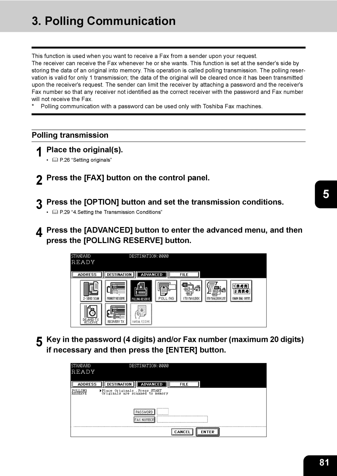 Toshiba GD-1170 manual Polling Communication, Polling transmission Place the originals 