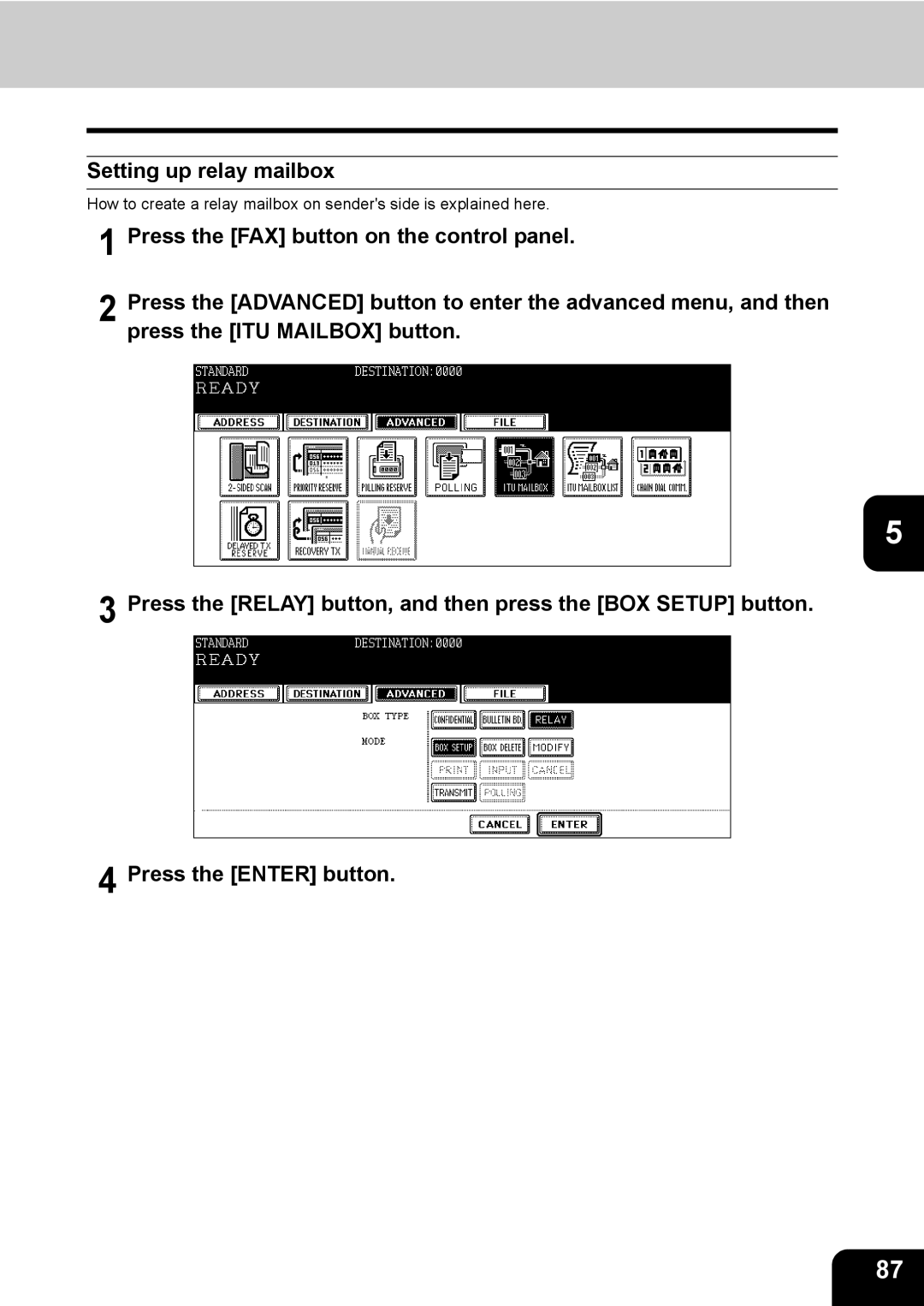 Toshiba GD-1170 manual Setting up relay mailbox 