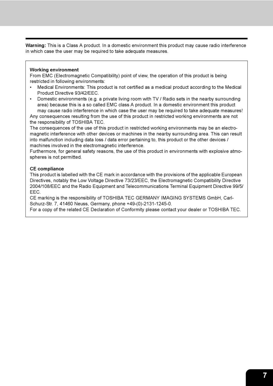 Toshiba GD-1170 manual Working environment, CE compliance 