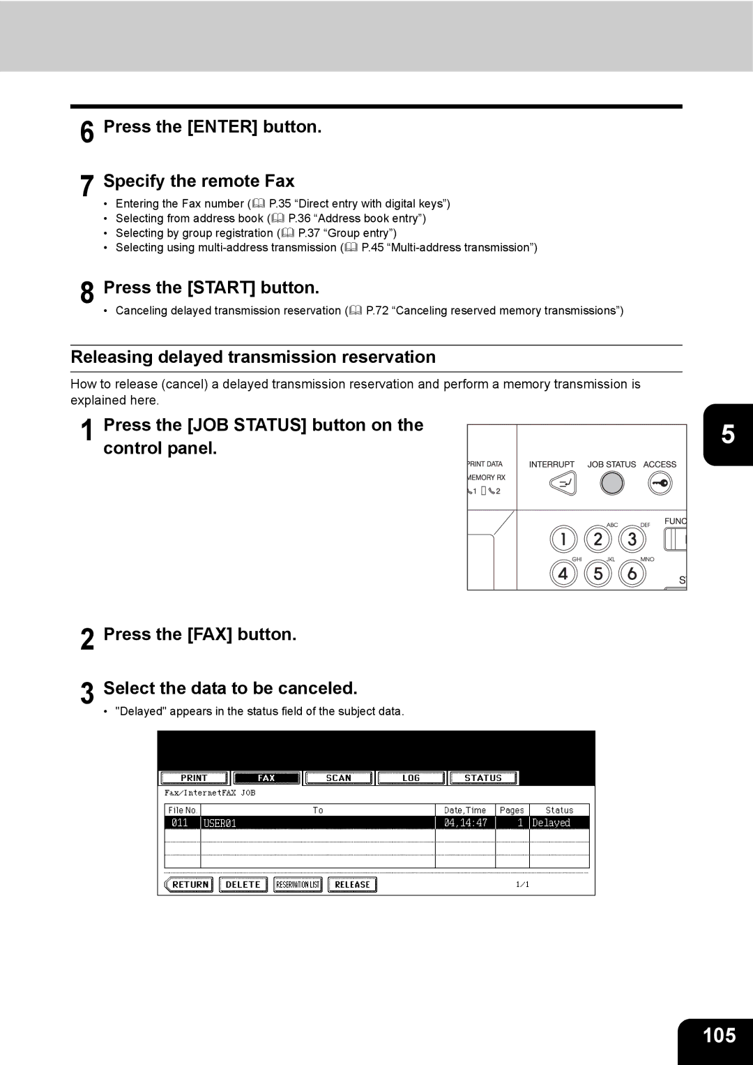 Toshiba GD-1200 manual 105, Releasing delayed transmission reservation 