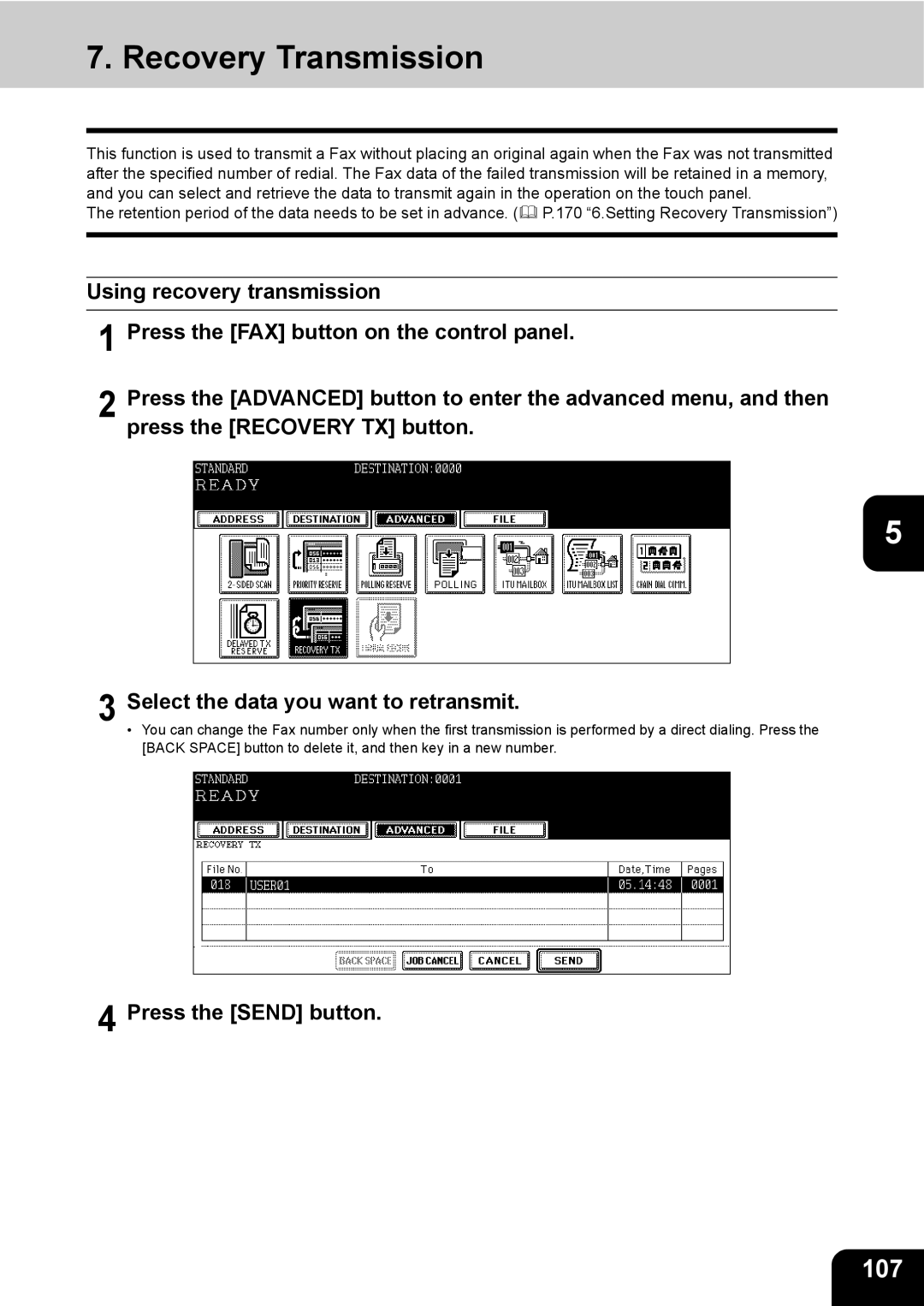 Toshiba GD-1200 manual Recovery Transmission, 107, Press the Send button 