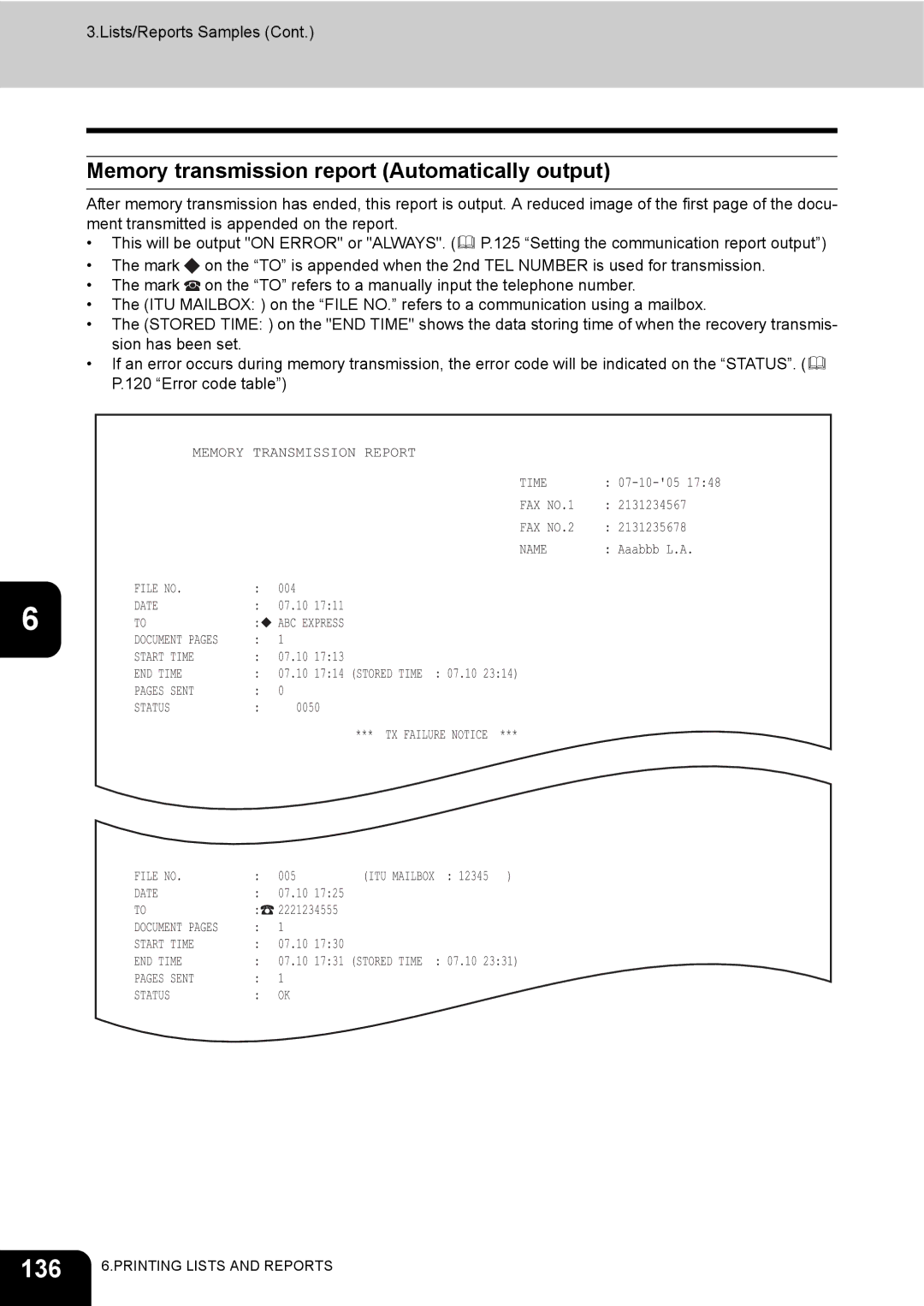 Toshiba GD-1200 manual 136, Memory transmission report Automatically output 