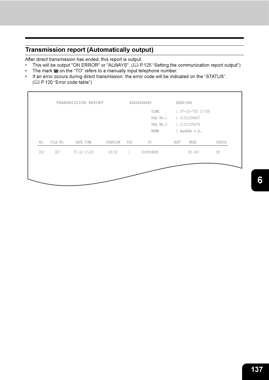 Toshiba GD-1200 manual 137, Transmission report Automatically output 