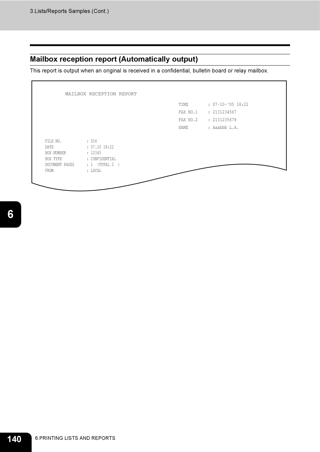 Toshiba GD-1200 manual 140, Mailbox reception report Automatically output 