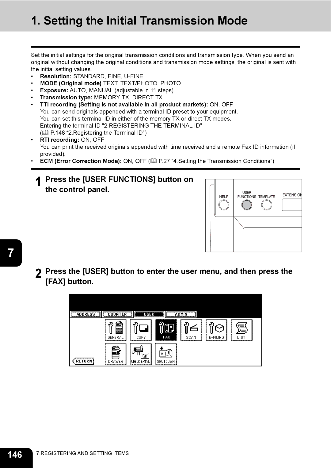 Toshiba GD-1200 manual Setting the Initial Transmission Mode, 146, RTI recording ON, OFF 