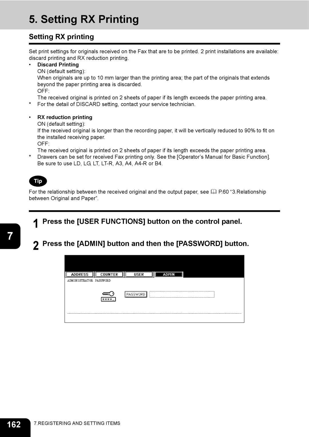 Toshiba GD-1200 manual Setting RX Printing, 162, Setting RX printing, Discard Printing on default setting 