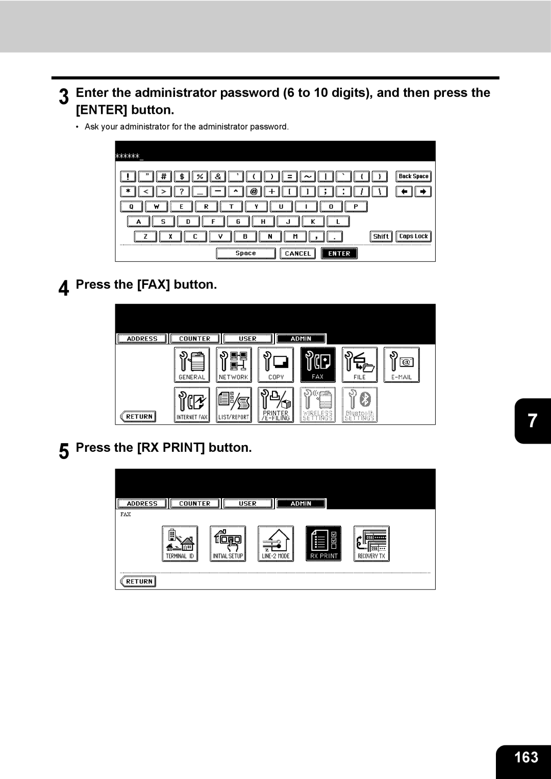 Toshiba GD-1200 manual 163, Press the FAX button Press the RX Print button 