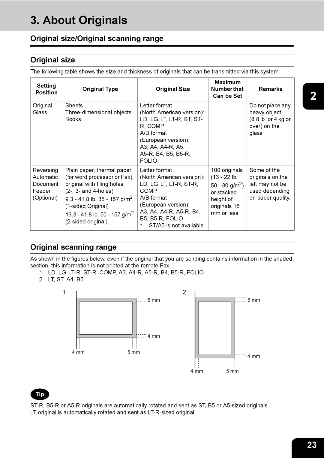 Toshiba GD-1200 manual About Originals, Original size/Original scanning range 