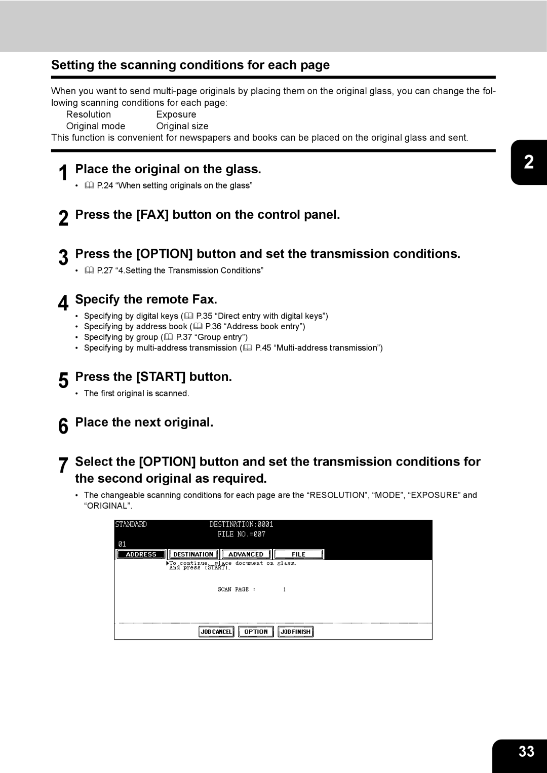 Toshiba GD-1200 manual Setting the scanning conditions for each, Place the original on the glass, Specify the remote Fax 