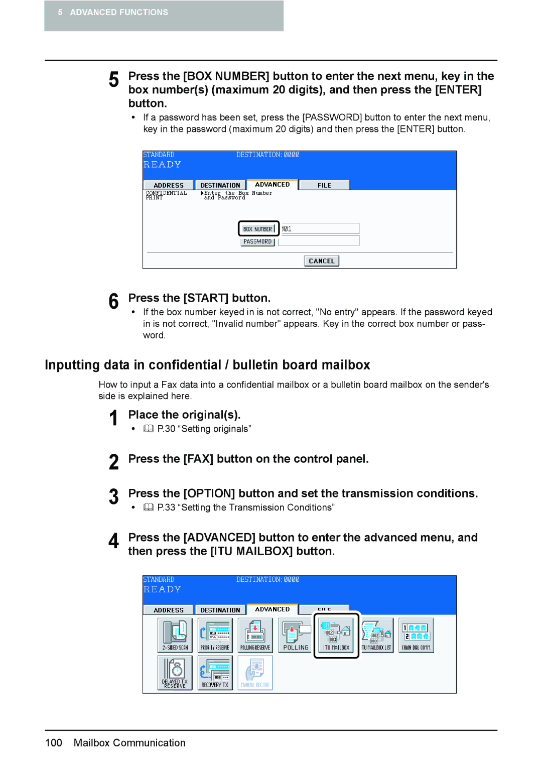 Toshiba GD-1210 manual Inputting data in confidential / bulletin board mailbox, Press the Start button 